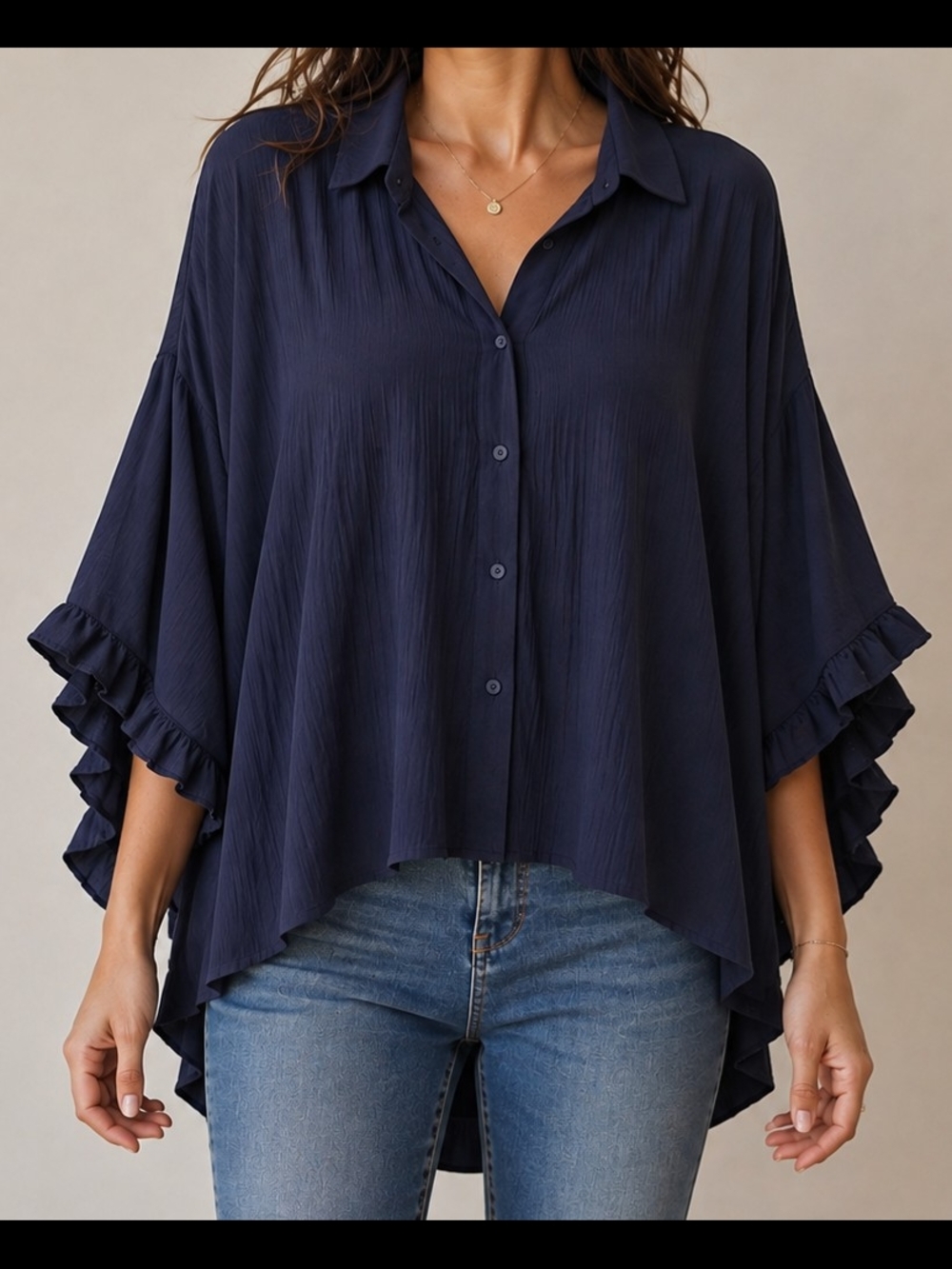 T93 Fantastic Fawn Ruffle Tier Wide Sleeve Crinkled Top Flowy Lightweight Flare